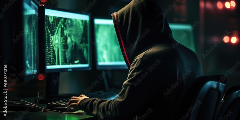 Poster a person wearing a hoodie sitting at a computer, engrossed in work. this image can be used to depict