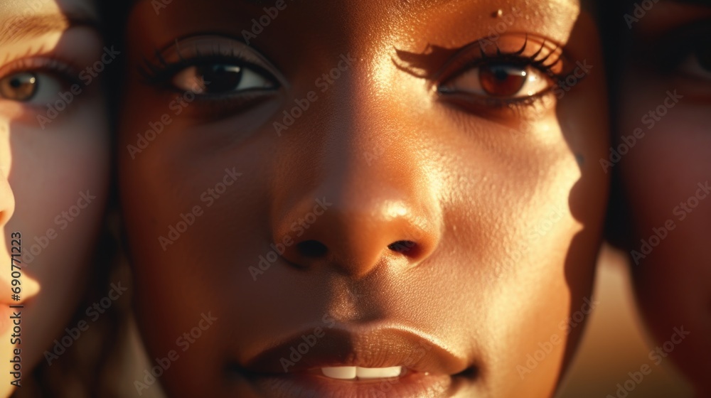 Poster a close-up view of a woman's face featuring three different eyes. this unique image can be used to d