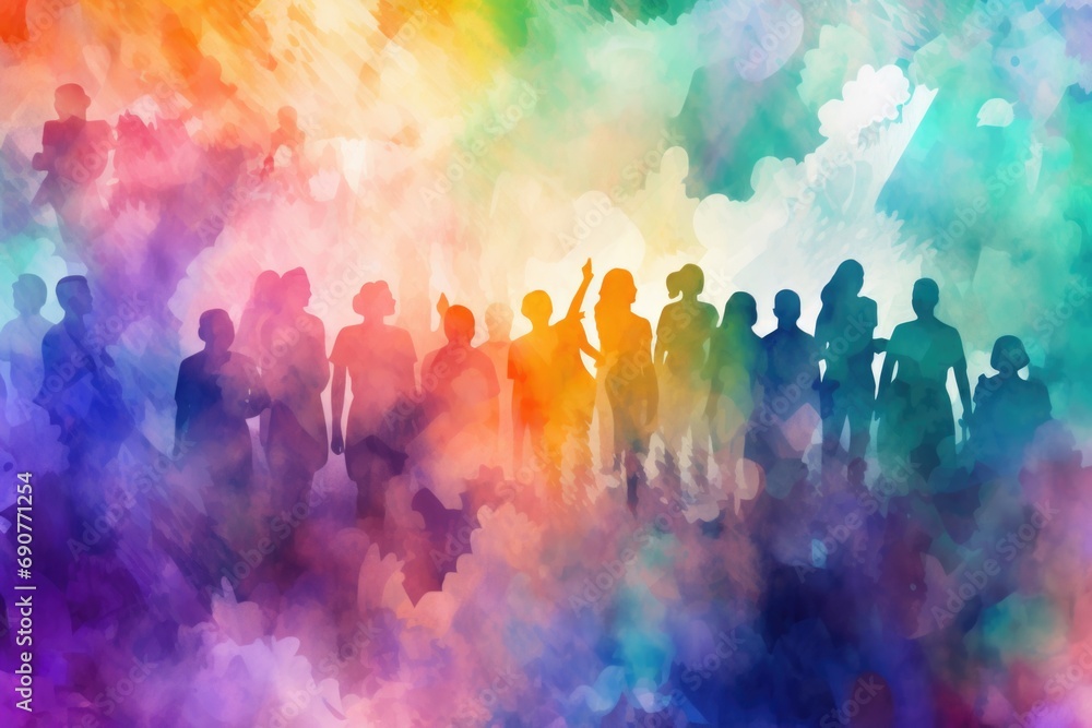 Poster silhouettes of a group of people standing against a vibrant and colorful background. perfect for var