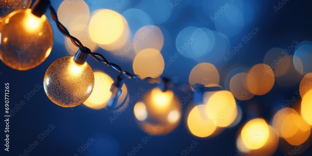 Poster A close-up view of a string of lights. Perfect for adding a warm and cozy ambiance to any occasion