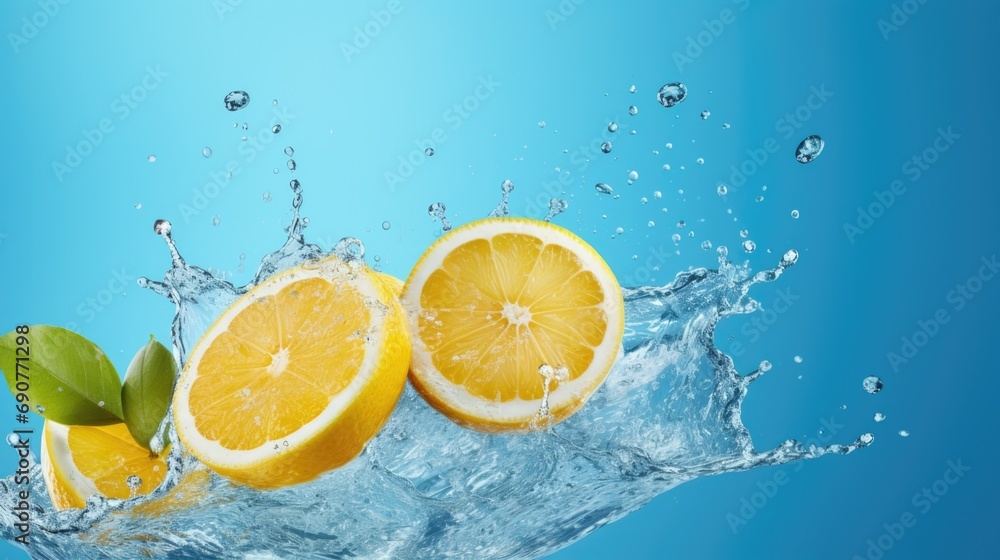 Poster lemons falling into water. perfect for refreshing summer concepts
