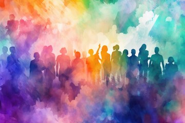 Silhouettes of a group of people standing against a vibrant and colorful background. Perfect for...