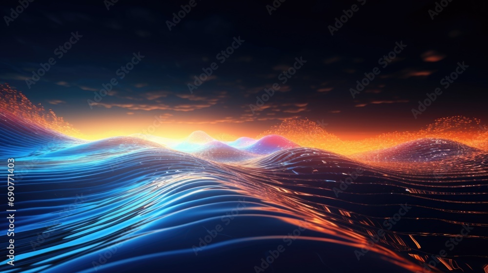Poster A computer-generated image capturing the dynamic movement of a wave in the ocean. Ideal for illustrating the power and beauty of nature.