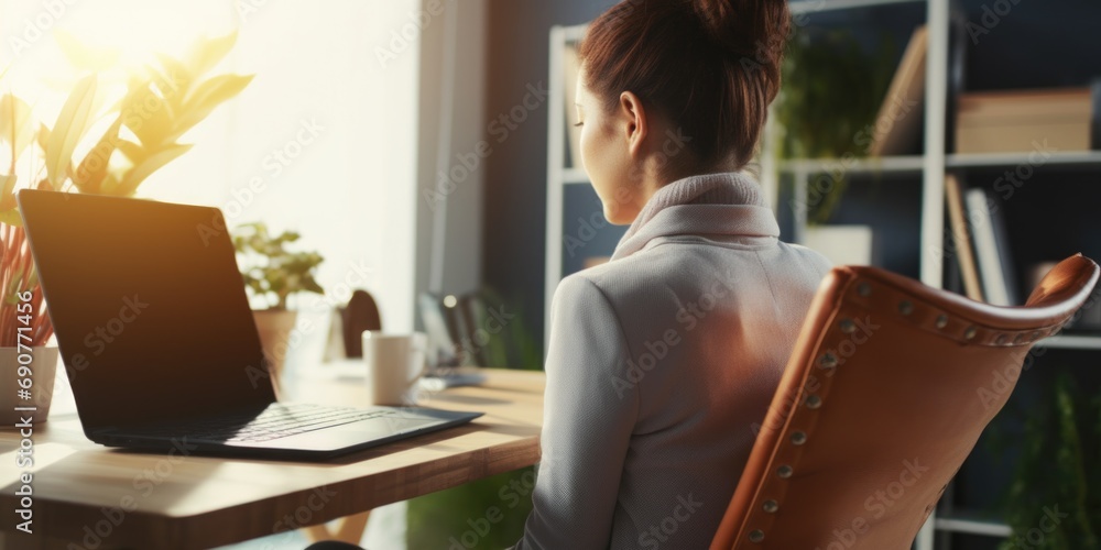 Aufkleber A woman sitting at a desk in front of a laptop computer. Ideal for illustrating work, technology, or remote working concepts