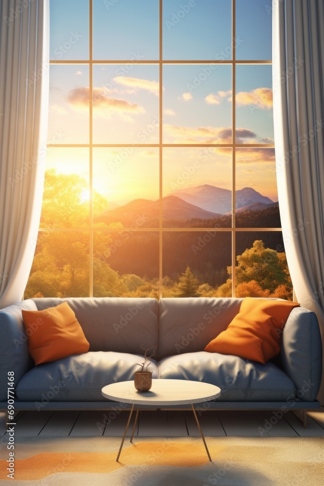 Poster a comfortable couch positioned in front of a spacious window. ideal for interior design projects or 