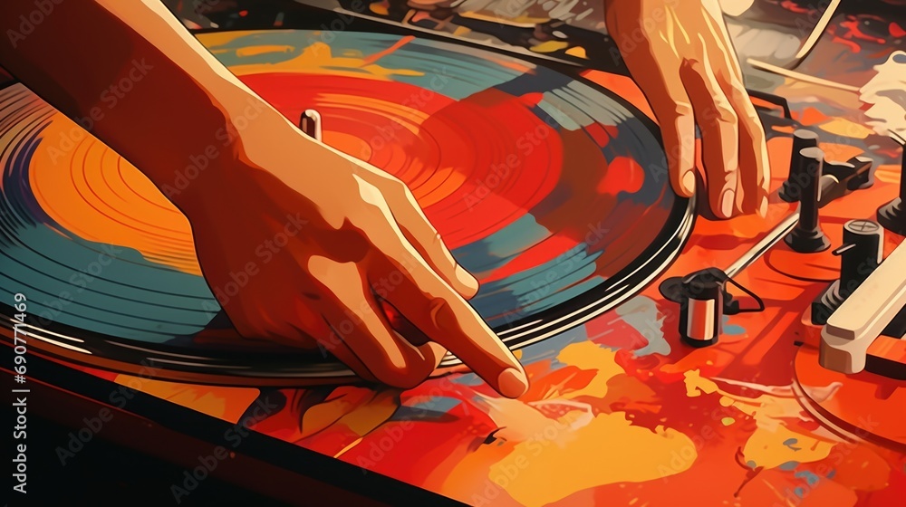 Poster a person is shown playing a record on a turntable. this image can be used to depict music, vinyl rec