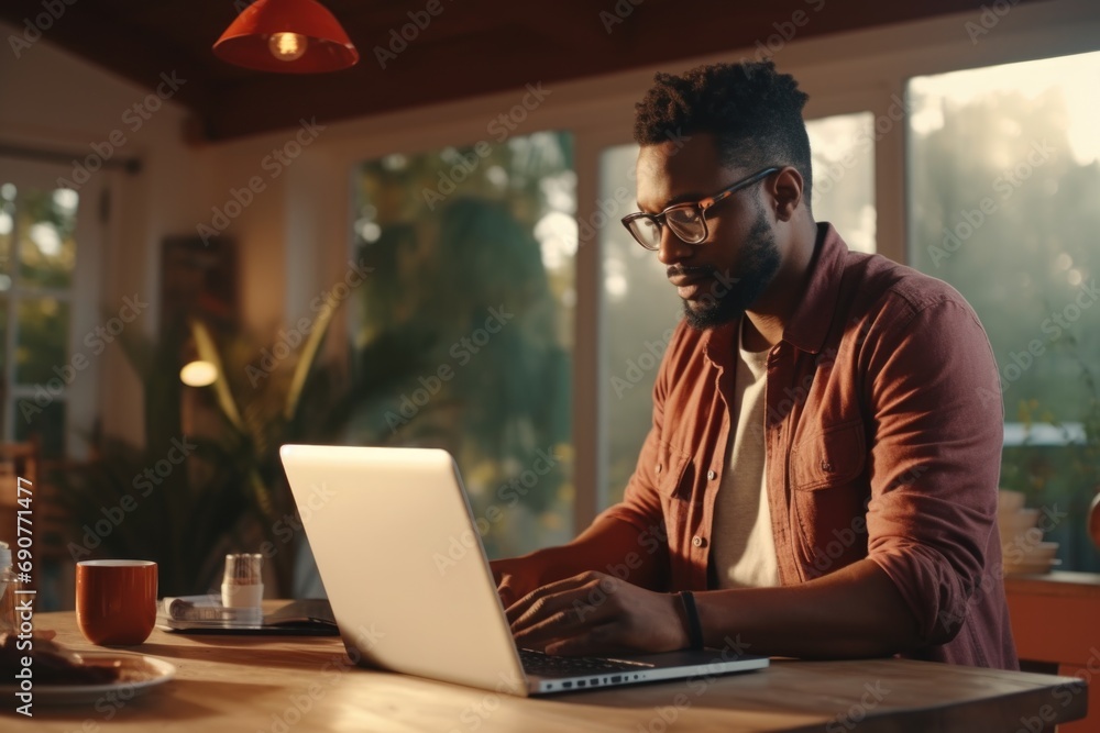 Aufkleber A man sitting at a table using a laptop computer. Suitable for technology and work-related themes