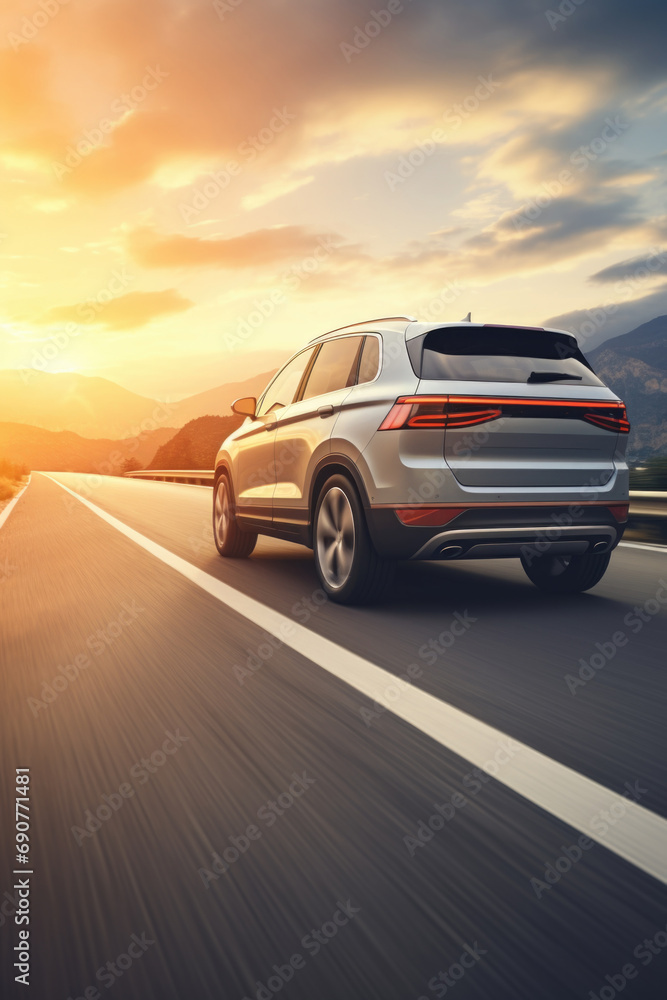 Canvas Prints A silver SUV is seen driving down a highway during a picturesque sunset. This image can be used to depict travel, adventure, road trips, or transportation