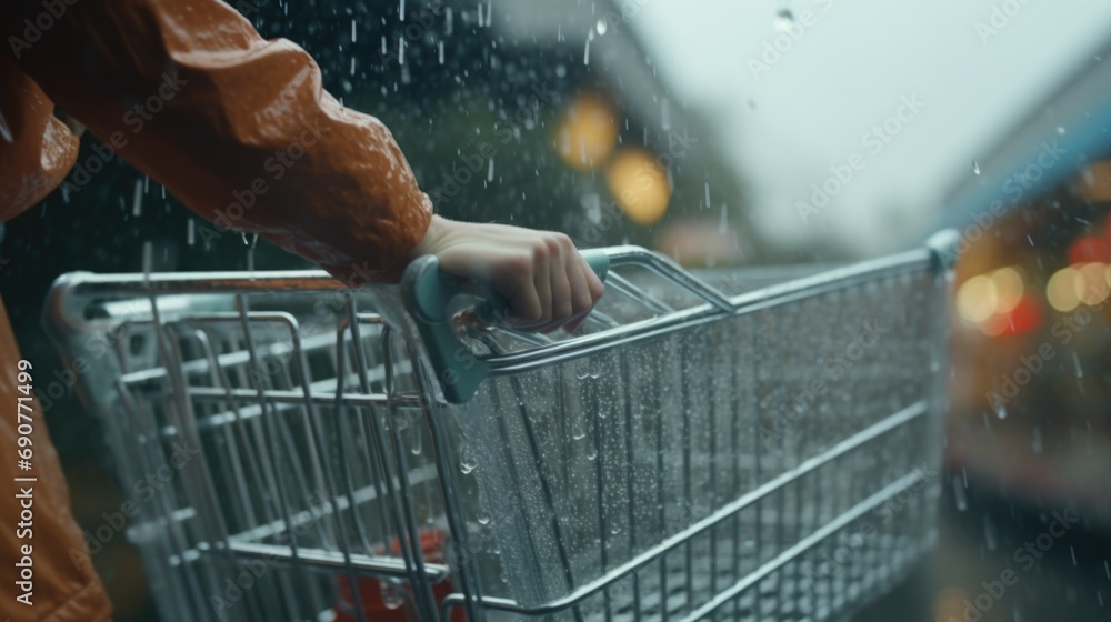 Poster a person pushing a shopping cart in the rain. this image can be used to depict everyday activities i