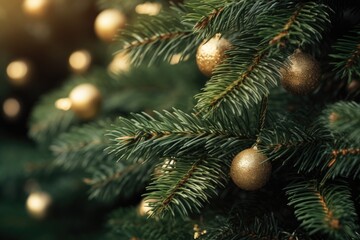 A close up view of a Christmas tree adorned with beautiful gold ornaments. Perfect for holiday-themed designs and festive decorations