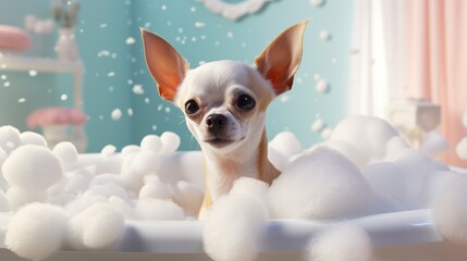 Photo of a chihuahua dog while bathing in the bathroom