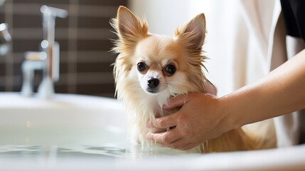 Photo a woman washes a Chihuahua dog in the bathroom