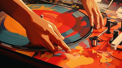 A person is shown playing a record on a turntable. This image can be used to depict music, vinyl records, nostalgia, or DJing