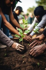 A group of people coming together to plant a tree. This image can be used to represent teamwork, environmental conservation, and community engagement.