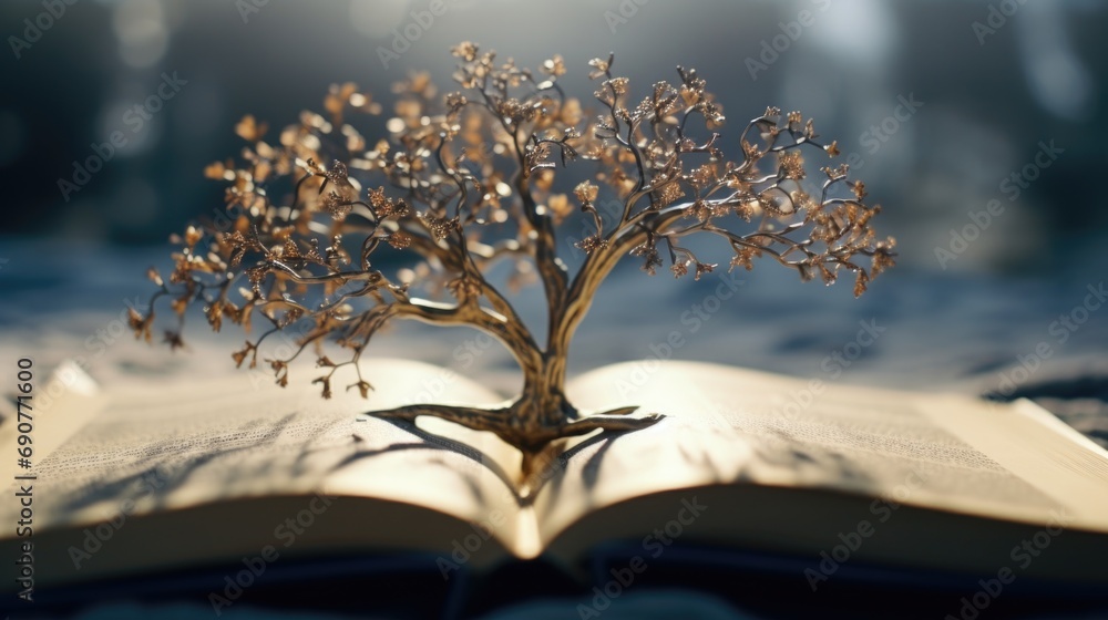 Poster an open book with a tree on top. can be used for educational or nature-related designs