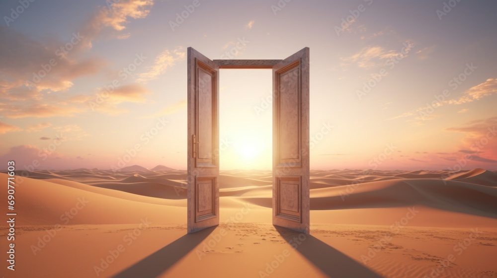 Poster an open door standing alone in the vast desert. can be used to symbolize new opportunities or unknow