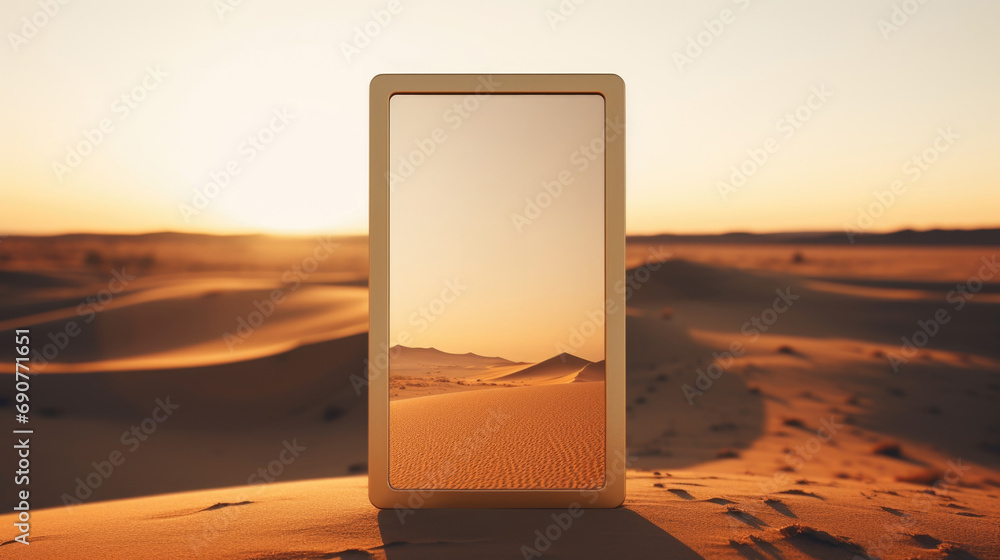Poster a mirror sitting on top of a sandy beach. can be used for concepts related to reflection, solitude, 