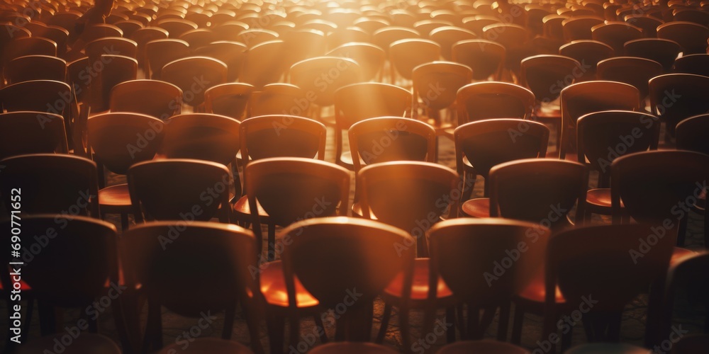 Poster a room filled with chairs, illuminated by the warm rays of the sun. perfect for interior design conc