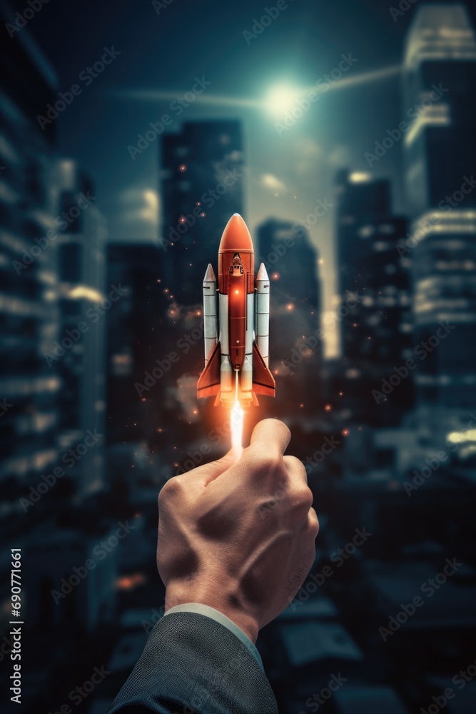 Poster a hand holding a red and white rocket with a city in the background. perfect for illustrating concep