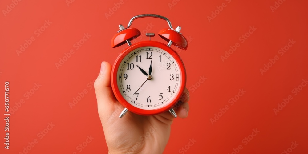 Poster a hand is seen holding a red alarm clock against a red background. this image can be used to represe