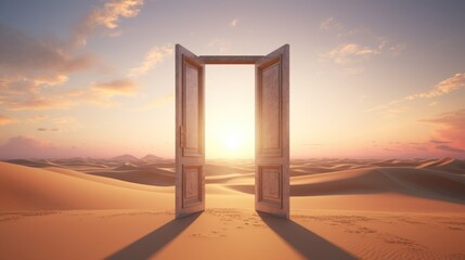 An open door standing alone in the vast desert. Can be used to symbolize new opportunities or unknown journeys