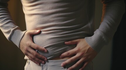 Obraz premium A woman standing with her hands placed gently on her stomach. This image can be used to represent pregnancy, motherhood, or a person experiencing abdominal discomfort