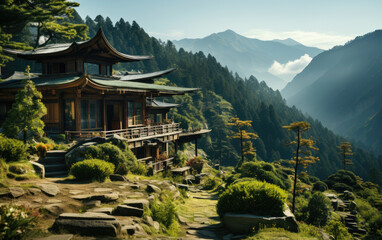 Fototapeta na wymiar Small chinese style wooden house with a big green lawn on the top of a mountain