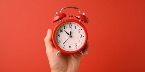 A hand is seen holding a red alarm clock against a red background. This image can be used to represent time management, waking up early, or the concept of deadlines - obrazy, fototapety, plakaty