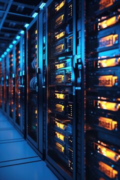 A row of servers in a server room. Perfect for technology and data center concepts