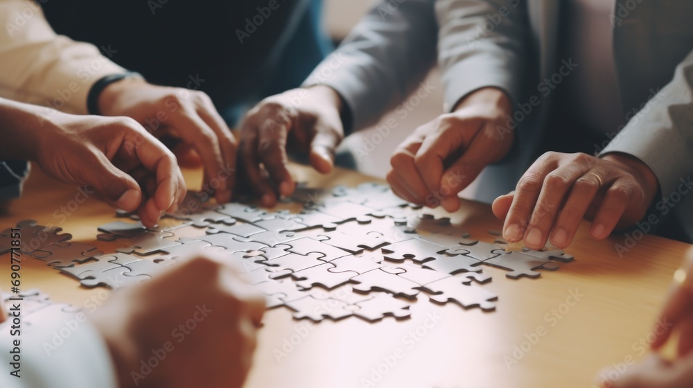 Poster A group of people collaborating and working together on solving a puzzle. Perfect for team building activities and problem-solving concepts