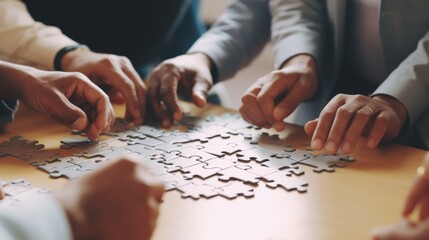 A group of people collaborating and working together on solving a puzzle. Perfect for team building activities and problem-solving concepts - obrazy, fototapety, plakaty