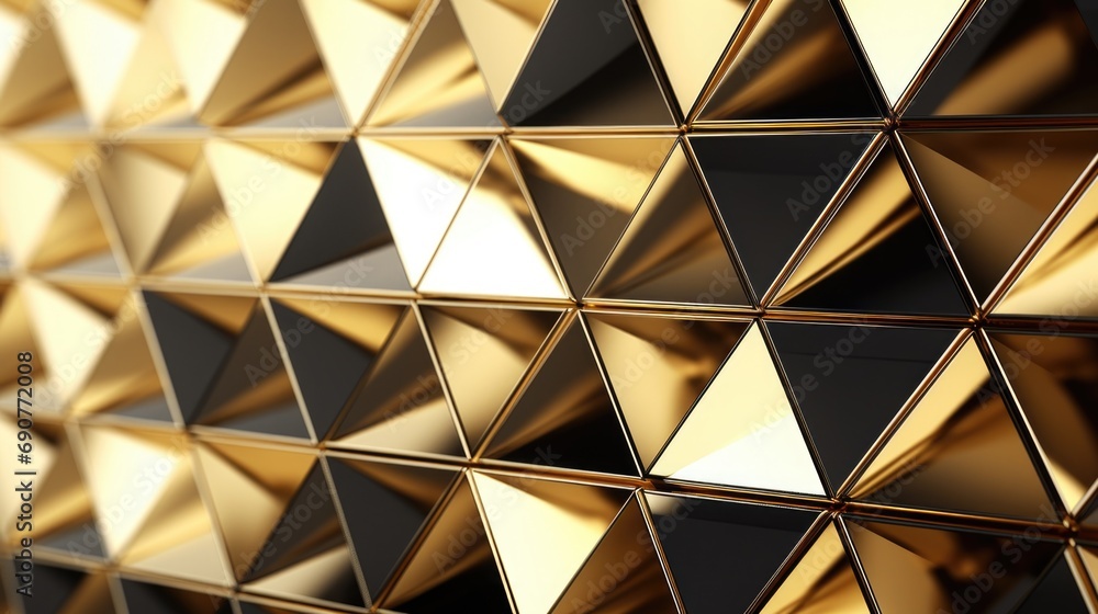 Poster A detailed close-up view of a wall constructed with gold triangles. This image can be used to add a touch of luxury and elegance to various design projects