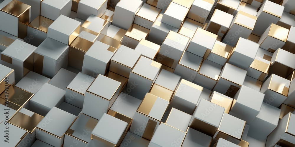 Poster A collection of gold and silver cubes arranged in a room. Can be used for various design projects