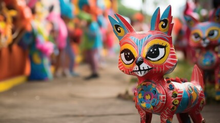 A vibrantly painted cat statue with festival dancers blurred in the background at feria de Cali,...