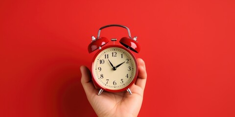 Hand holding a red alarm clock on a red background. This image can be used to represent time management, punctuality, and deadlines - obrazy, fototapety, plakaty