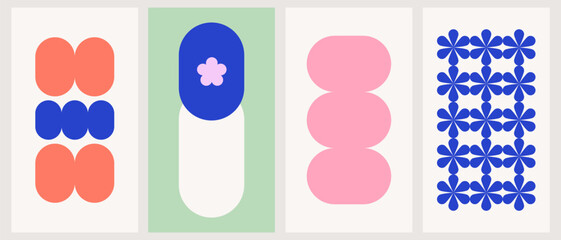 Flat modern geometric shapes print design. Trendy abstract vector backgrounds set. Retro shapes poster templates 