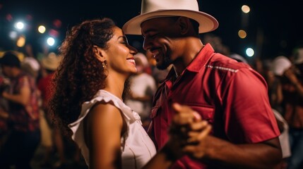 A couple enjoying a close salsa dance at the festival night at feria de Cali, Colombia