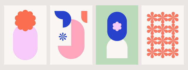 Flat modern geometric shapes print design. Trendy abstract vector backgrounds set. Retro shapes poster templates 