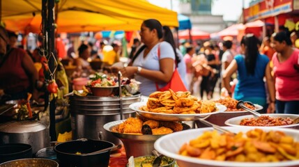 A bustling food market with a variety of Colombian dishes on display at feria de Cali, Colombia