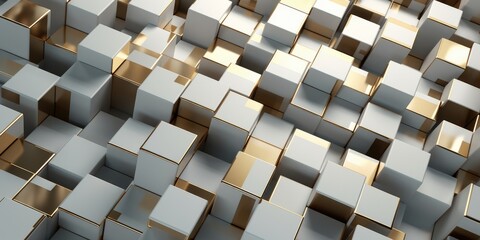 A collection of gold and silver cubes arranged in a room. Can be used for various design projects