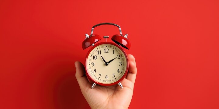 Hand holding a red alarm clock on a red background. This image can be used to represent time management, punctuality, and deadlines