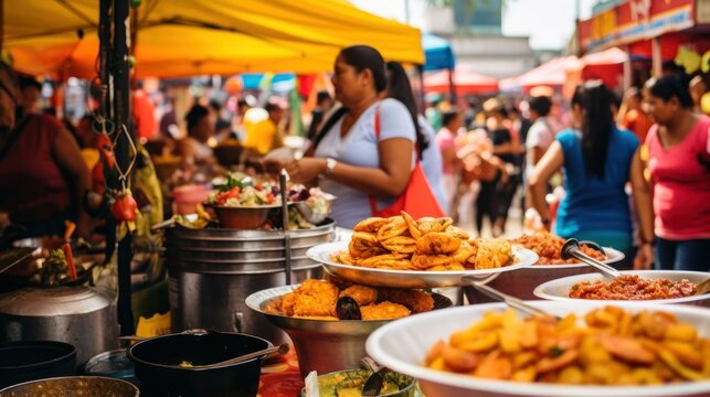 A bustling street food market with a variety of Colombian dishes on display at feria de Cali, Colombia