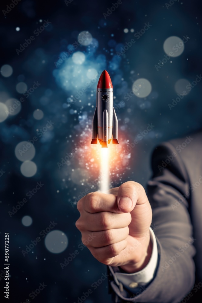 Poster A man in a suit holding a rocket. Perfect for business and innovation concepts
