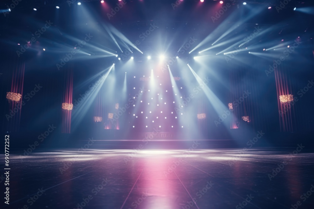 Poster a stage illuminated by bright lights and spotlights. suitable for performances and events