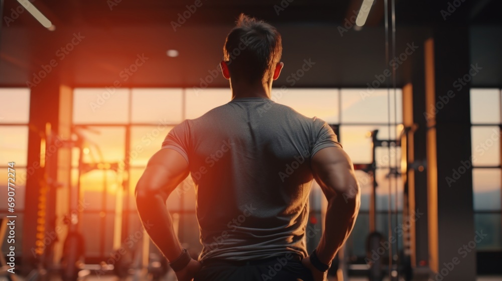 Poster a man standing in a gym, facing away from the camera. suitable for fitness and exercise themes