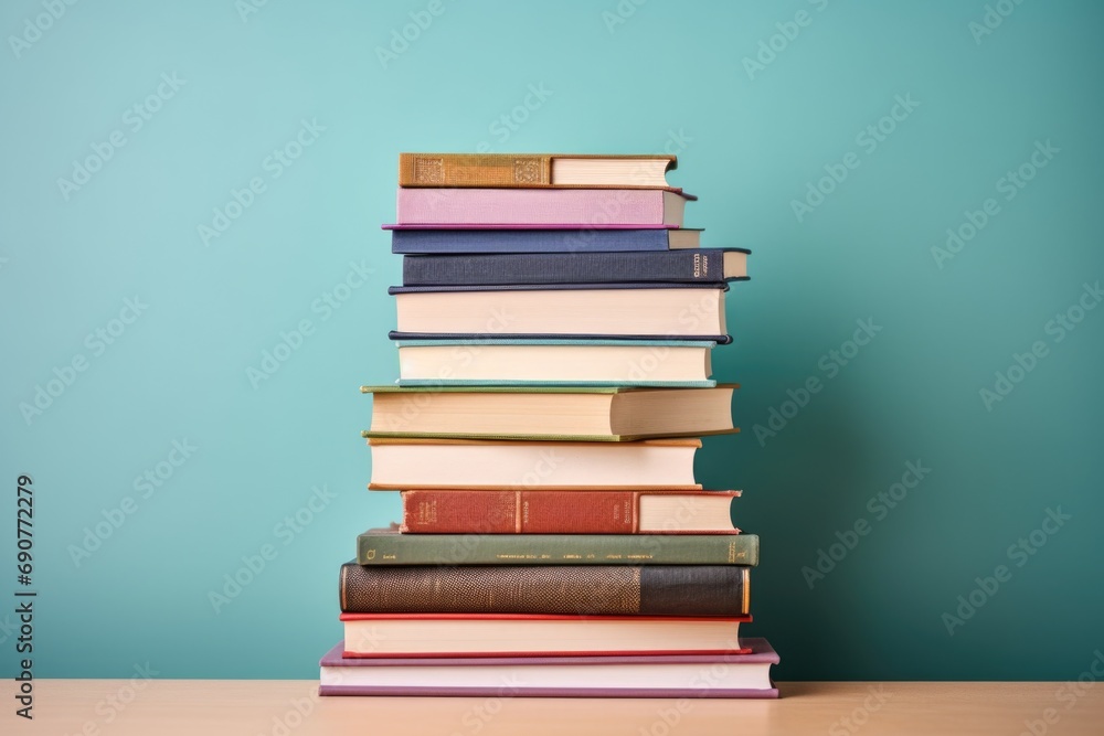 Poster a stack of books placed on top of a wooden table. suitable for educational and academic concepts