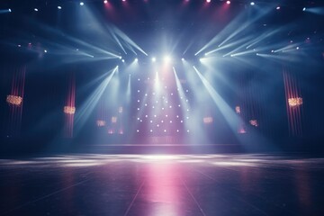 A stage illuminated by bright lights and spotlights. Suitable for performances and events