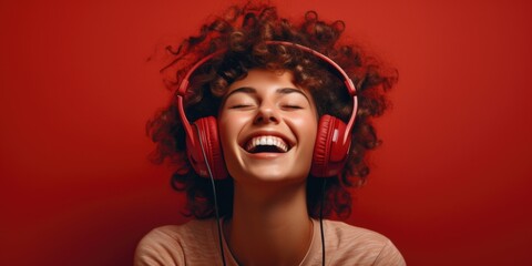 A woman is seen wearing headphones and laughing. This image can be used to depict joy, happiness, or entertainment