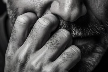 Fototapeta premium A black and white photo of a man with a hand covering his mouth. This image can be used to represent shock, surprise, secrecy, or contemplation