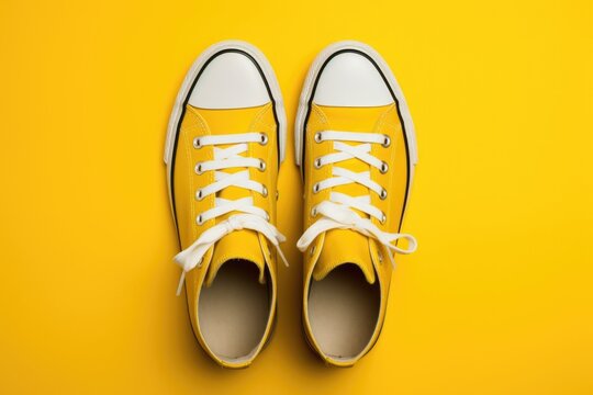 A pair of yellow sneakers on a yellow background. Perfect for sports and fashion-related designs